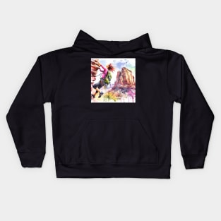 Artistic illustration of a mountain climber scaling a cliff face Kids Hoodie